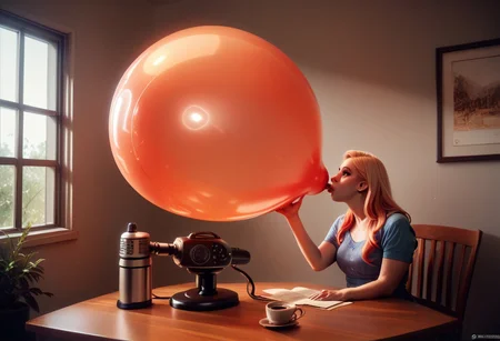Coffee machine, score_9, score_8_up, score_7_up, score_6_up, score_5_up, score_4_up, flamestyle, perfect face, perfect eyes, she is blowing up a huge balloon, overinflating, the balloon shows wisps of flame inside it.