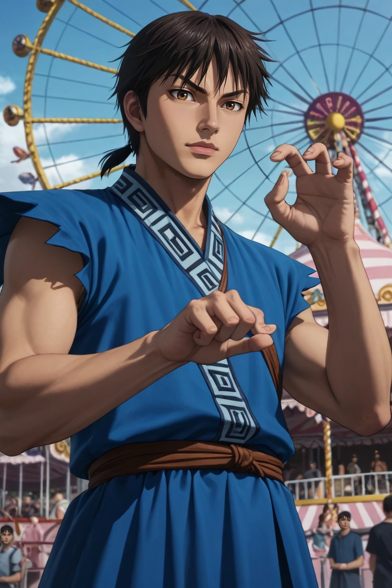 score_9, score_8_up, score_7_up, source_anime, rating_safe, , (photorealistic:0.6), , depth of field, 1boy, solo, male focus, <lora:xin_kingdom_pony:0.82>, xin_kingdom, black hair, brown eyes, short hair, low ponytail, , armor, wide angle, wide shot, cowboy shot, amusement park, carousel, ferris wheel, midnight, claw pose, :o, irish costume, <lora:sdxl_lightning_8step_lora:1>