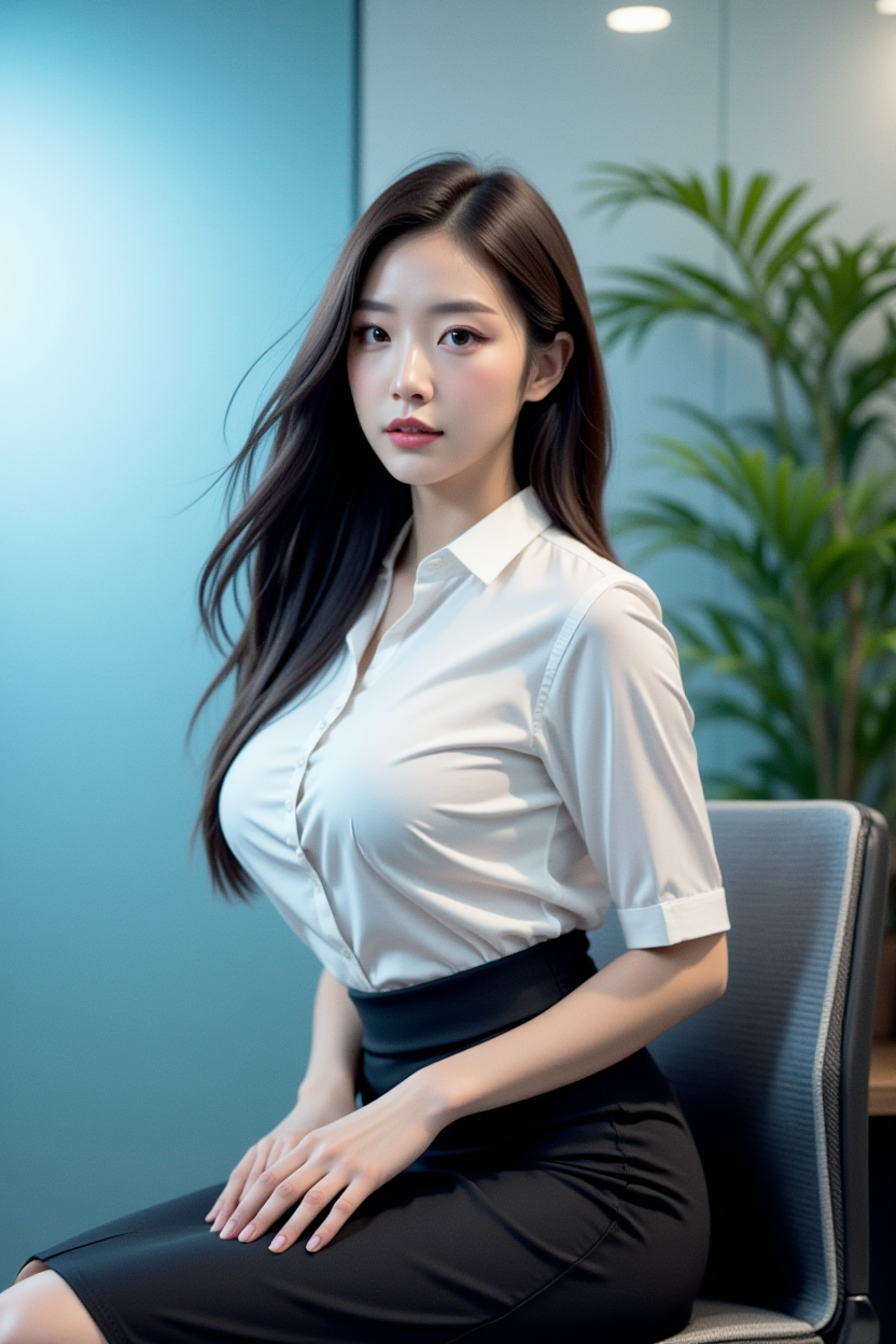 [9][24_94]<lora:SofiaFluxV1:1>, Realistic photograph, masterpiece, Against a soft, true gradient blue background, a stunning real large breasts Japanese woman with long, flowing dark hair, her piercing gaze directly addressing the viewer. skirt, sitting, shirt, pencil skirt, black skirt, chair, white shirt, looking at viewer, parted lips, tree, plant, short sleeves, indoors, brown eyes, window, office lady, realistic