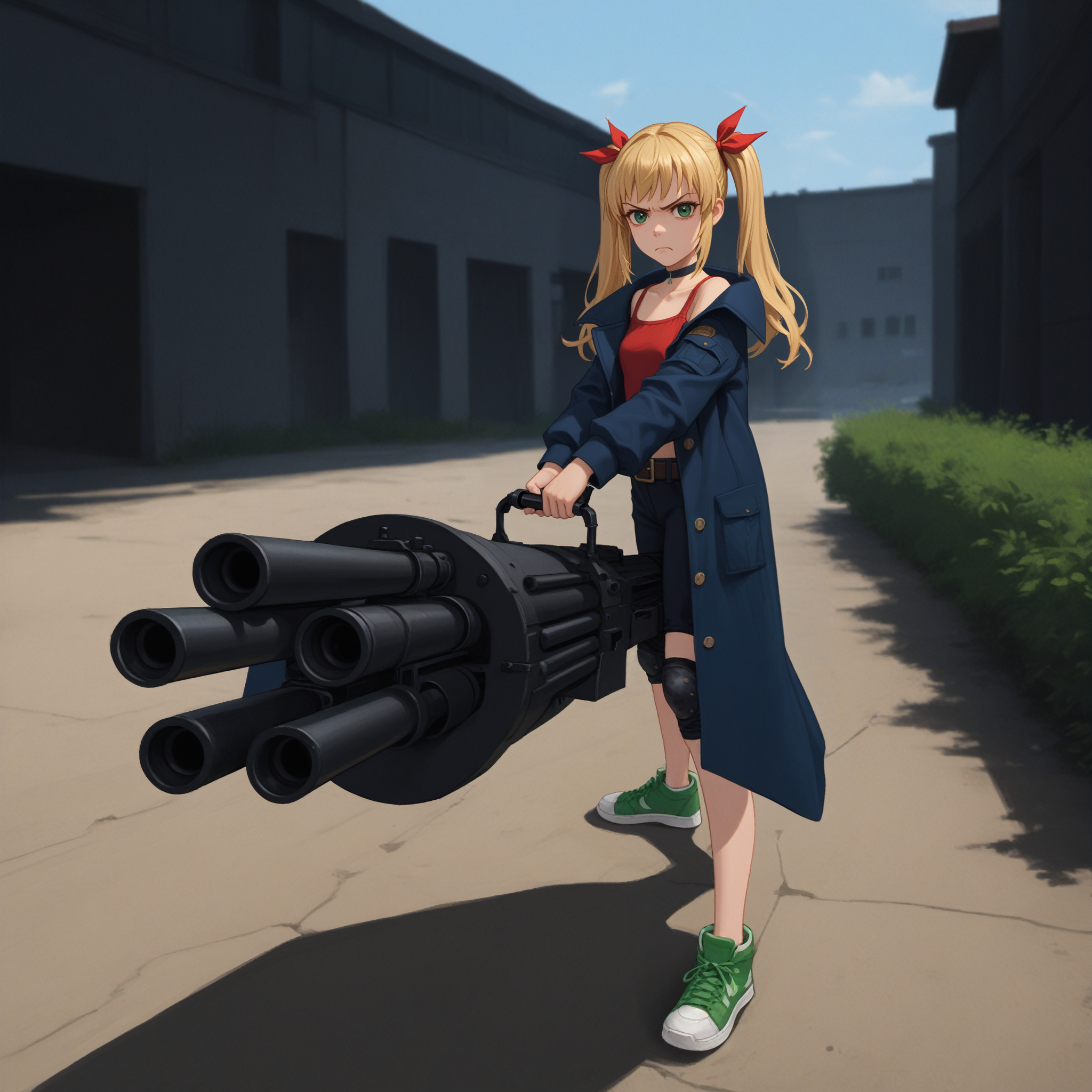 score_9, score_8_up, score_7_up,
1girl,solo,
 <lora:sodkirarasuzunepony:0.8> kirarasuzunesweethome,
blonde hair, long hair, twintails, hair ribbon, green eyes, choker, red shirt, sleeveless, collarbone, navel, belt, pants, blue coat, long coat, knee pads, bare ankles, green sneakers,
outdoors, holding minigun, gatling gun, 
angry,
looking at viewer,