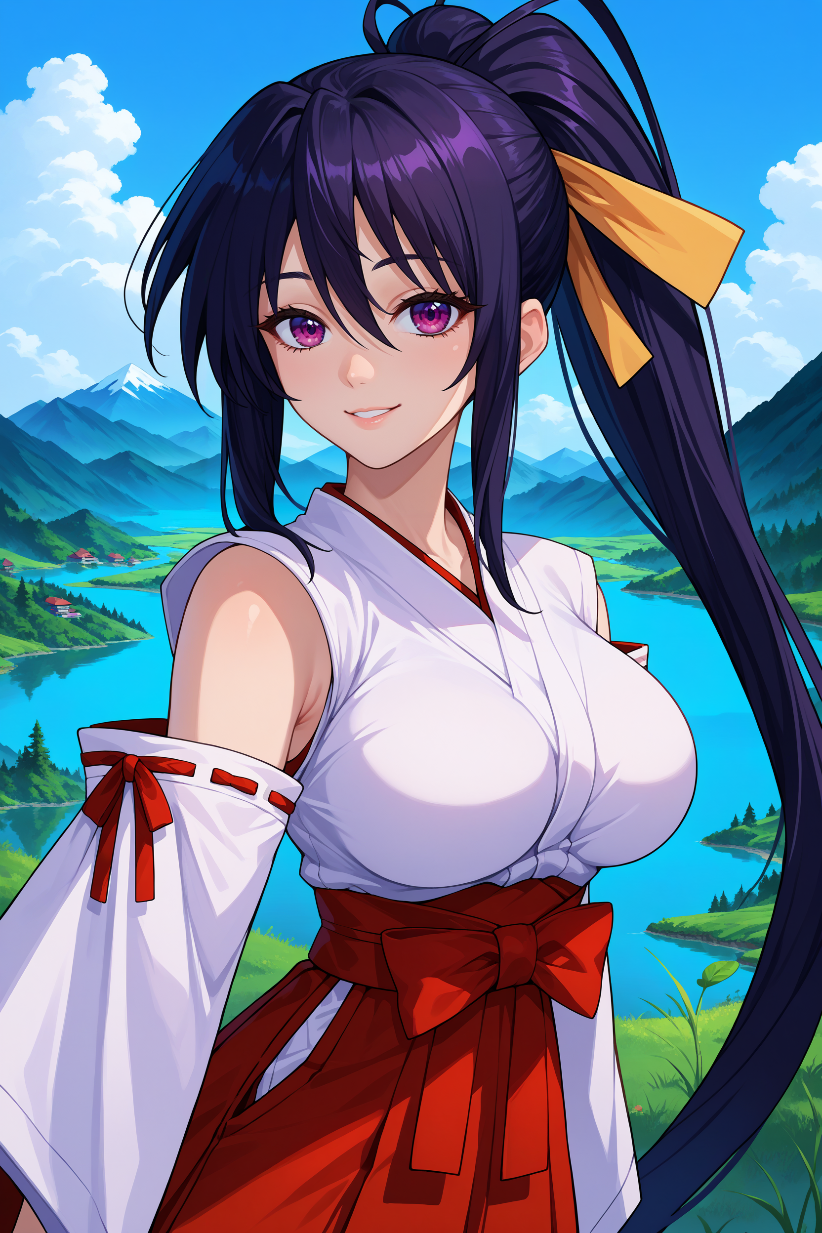 score_9, score_8_up, score_7_up, score_6_up, source_anime, 1girl, solo, <lora:akenohimejima-pdxl-nvwls-v1-000005:1> dxdAH, black hair, ponytail, very long hair, purple eyes, hair ribbon, white kimono, red hakama, hakama skirt, detached sleeves, large breasts, lake, mountain, blue sky, landscape, upper body, from side, looking at you, smile