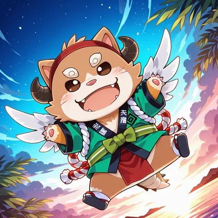 masterpiece, colorful, amazing_quality, vibrant, very aesthetic, luminous lighting, detailed background, BREAK <lora:orto-000010:1> (cs-orthro, chimerism, chibi), 1boy, no_sclera, solo,
, japanese clothes, red small hairband, tasuki, happi, green_obi, white tabi, sandals, shimenawa, kouhaku_nawa, white green rope, red pelvic_curtain, flying, dynamic angle, dynamic pose, bottomless,