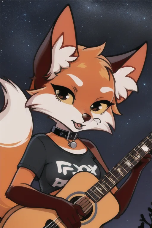 (solo female) furry vixen, chibi, female focus (<lora:lisa:0.6>), Pappy, (long eyelashes:1.1), eyes makeup, piercing, realism, (black collar), (white t-shirt, (print "fox":1.2)) holding guitar, (night, stars), detailed background