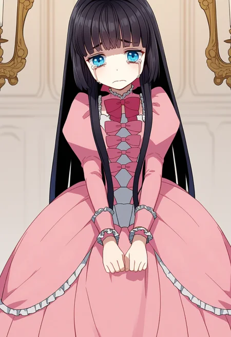score_9, score_8_up, score_7_up, source_anime, ,
BREAK
1girl, solo,
<lora:shiAbiDaughtV1:1>,
shiabidaughdef, vnstyle,
black hair, blue eyes, long hair, blunt bangs, hime cut,
frilled dress, pink bow, pink dress, long sleeves, puffy sleeves, juliet sleeves,
frills,
looking at viewer, sad, crying, frown,