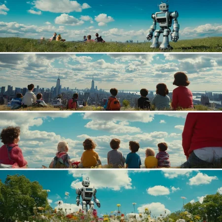 <lora:SDXL_cinematic_Sa_May:1> cinematic, Lovely felt world, under the blue sky and white clouds, a friendly robot siting with a bunch of kids in NYC