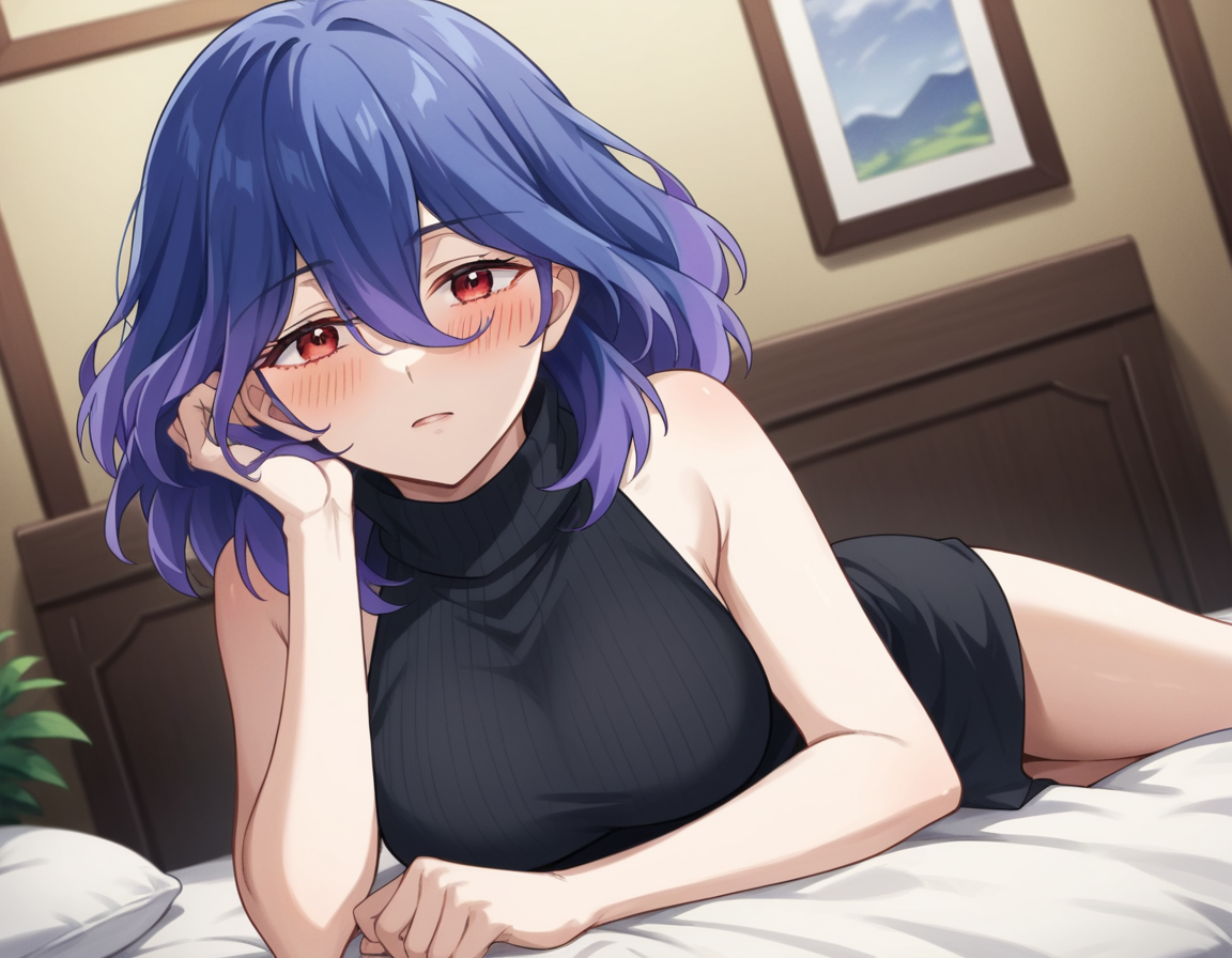 score_9, score_8_up, score_7_up, source_anime,
vermeil, <lora:vermeil-s1-ponyxl-lora-nochekaiser:1>,
vermeil, red eyes, hair between eyes, blue hair, purple hair, multicolored hair, medium hair,
sweater, bare shoulders, sleeveless, turtleneck, black sweater, thighs,
indoors, bed, bed room, on side, blush, drunk,
looking at viewer, cowboy shot, solo, dutch angle,