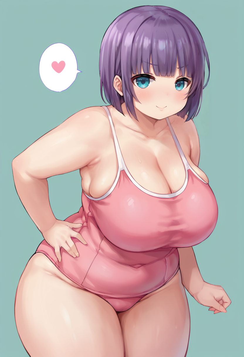 score_9, score_7_up,  1girl, 
solo, huge breasts, wide hips, thick thighs, swimsuit, school swimsuit, purple hair, blunt bangs, thick arms, blush, plump, tareme, blunt ends, hair intakes, breasts, one-piece swimsuit, fat, pink one-piece swimsuit, looking at viewer, armpits, cleavage, short hair, blue eyes, bob cut, hand on own hip, v-shaped eyebrows, heart, spoken heart, thighs, collarbone, smile
 <lora:shiodome_oji-Style-PonyXL-GLoRA:1>