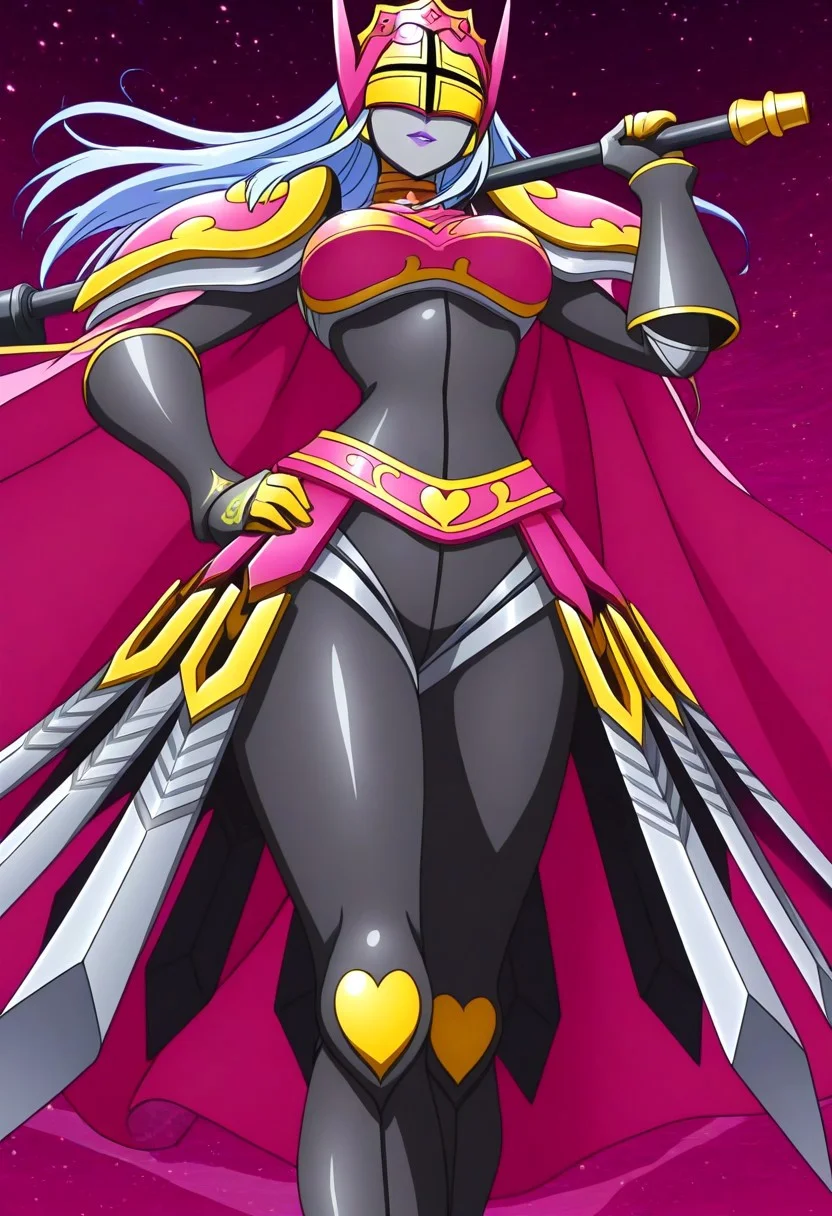finetuneanime, anime screencap, official art, detailed anime, ultra detailed anime art, anime screencap, screencap, score_9, score_8_up, score_7_up, masterpiece, anime coloring, source_anime, Queen Chessmon, 1girl, armor, long hair, cape, black bodysuit, shoulder armor, colored skin, breastplate, bodysuit, (((large breasts, curvy, wide hips))), narrow waist, digimon \(creature\), high heels, weapon, silver-blue hair, helmet, pauldrons, grey skin, boobplate, heart, gloves, crown, boots, covered eyes, pink cape, full armor, parted lips, ((lipstick, purple lips)), belt, black gloves, spikes, waist cape, faulds, gauntlets, makeup, horns, jewelry, shoulder pads, mask, gold armor, bracelet, skin tight, armored skirt, swords on skirt, high heel boots
BREAK
Stable_Yogis_PDXL_Positives, cowboy shot, standing, 1hand on hip, ((1hand holding war hammer, holding weapon, war hammer)), posing, dynamic pose,