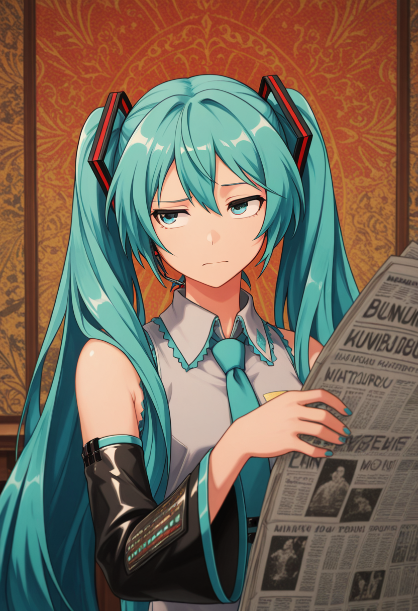 masterpiece, best quality, Graphic Design, color art, vibrant colors, colorful, intricate details, high contrast, detailed background, beautiful detailed, beautiful face, detailed eyes, detailed face, new, tljwan, raised eyebrow, holding, newspaper, 1girl, solo, hatsune miku, upper body,