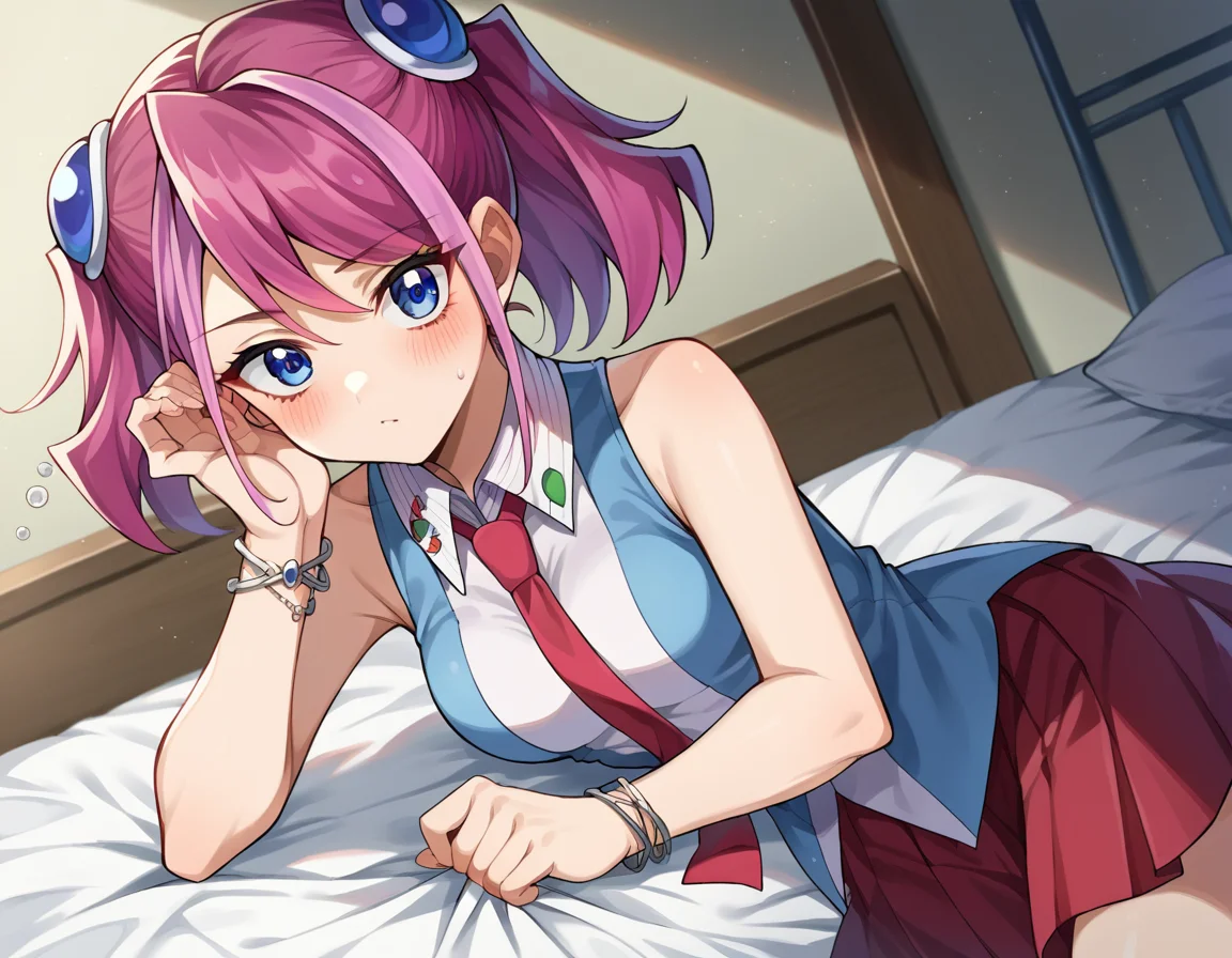 score_9, score_8_up, score_7_up, source_anime,
yuzuhiiragi, <lora:yuzu-hiiragi-ponyxl-lora-nochekaiser:1>,
yuzu hiiragi, blue eyes, hair ornament, medium hair, multicolored hair, pink hair, red hair, streaked hair, twintails,
bare arms, bracelet, collared shirt, jewelry, necktie, pleated skirt, red necktie, red skirt, shirt, skirt, sleeveless, sleeveless shirt, wing collar, two-tone shirt,
indoors, bed, bed room, on side, blush, drunk,
looking at viewer, cowboy shot, dutch angle,