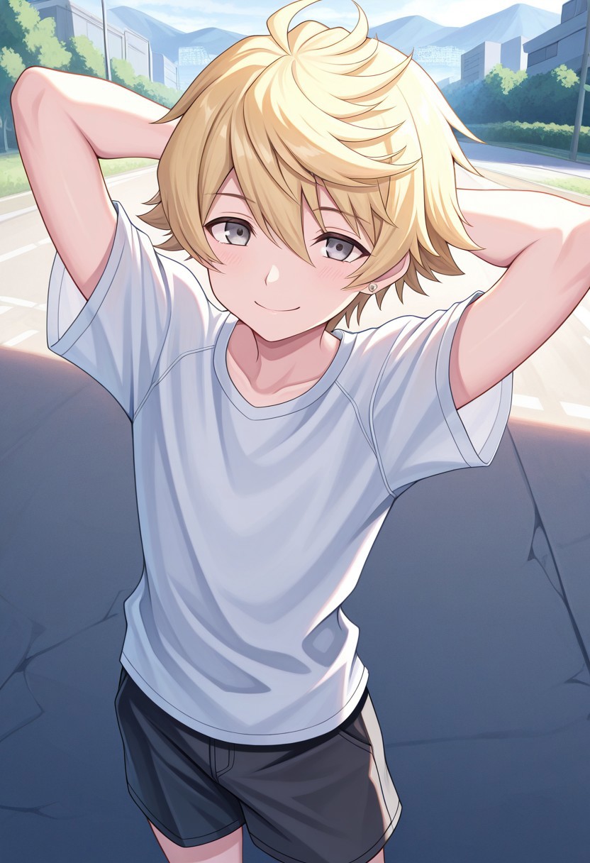 masterpiece,best quality,amazing quality, source_anime,
rindokanade, 1boy, male focus, solo, grey eyes, blonde hair, jewelry, earrings, t-shirt, shorts, smile, hands behind head,
outdoor,