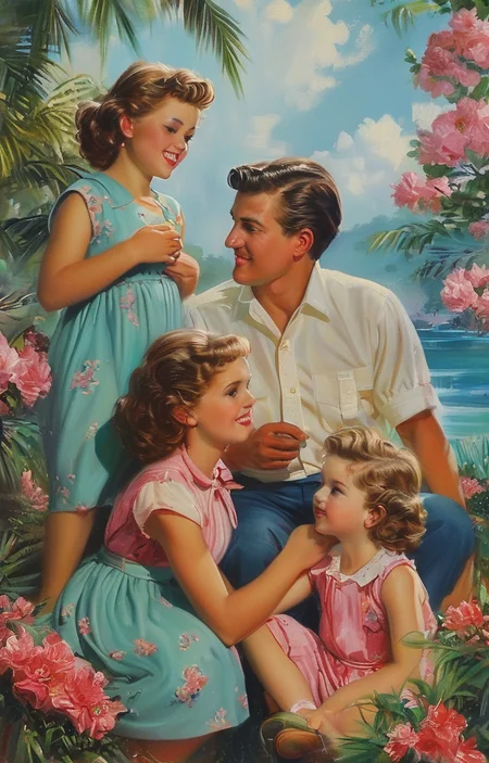 masterpiece,best quality,<lora:tbh210-sdxl:0.9>,illustration,style of Art Frahm, portrait of family