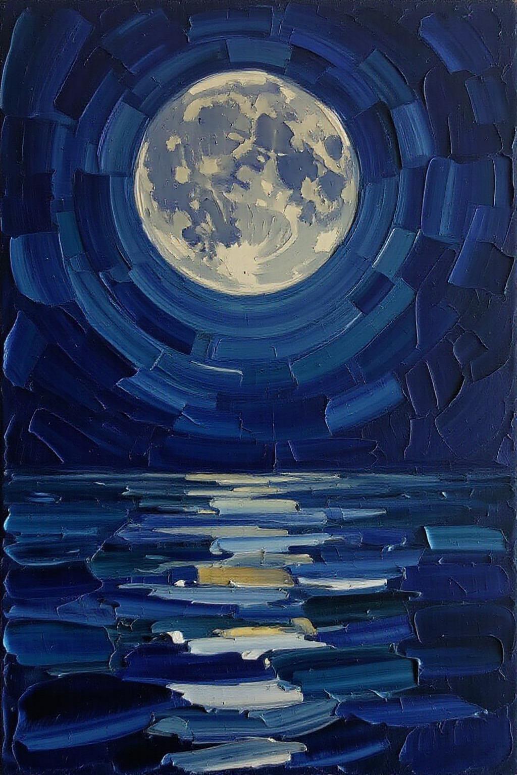 impasto oil painting. a full moon can be seen glowing against a dark blue background. The moon's reflection is visible in the middle of the image, adding a touch of depth to the composition. The surface of the moon is covered in shadows, creating a striking contrast to the dark blue of the background.  <lora:impasto5_nocap_d6a3:1.0> <lora:Flux-Sch-SingleBlocks-BF16:1.0><lora:803879348219156587:0>