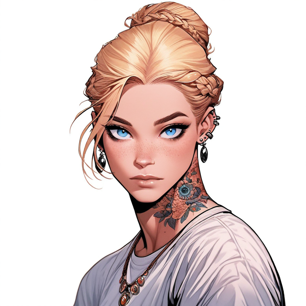 masterpiece, high score, great score, absurdres, SUP3RH3R0 Style, tattoo, solo, neck tattoo, jewelry, earrings, braid, piercing, blue eyes, looking at viewer, hair bun, ear piercing, blonde hair, freckles, single hair bun, simple background, upper body, shirt, 1boy, white background, male focus, necklace, closed mouth, 1girl, comic art style