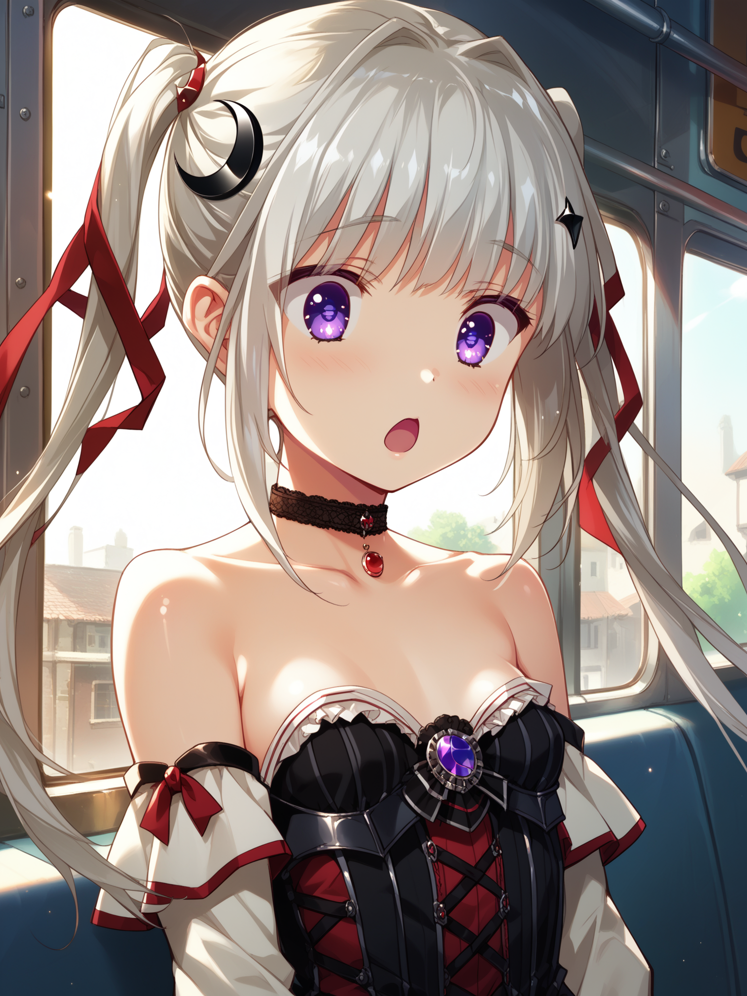 (upper body, solo focus:1.2) <lora:happy_tentacle-kuon-v0.2-000030:0.8>, ht_kuon, magician, hair ribbon, crescent hair ornament, jewelry, small breasts (petite:1.2), <lora:Shed_The_Skin's StS_age_slider_v1_initial_release:-1> ( ( choker :1.1) :1.1) ( , , ( surprised :1.2) , , :1.1) , indoors, ((dawn :0.6), (blue sky:0.6) :0.8), ( window :0.9), (furniture:0.9), , , , , (medieval :0.9), train interior, alley, formal ( :0.8) score_9, score_8_up, score_7_up, score_6_up, score_5_up, score_4_up, ( [(realistic, photorealistic:1.3):(realistic:1.2):16] [(3d:1.2)::14] :1) <lora:LUUNA's Lunas-NijiJourney-SDXL-B2:0.35>, nijijourney <lora:prgfrg23's Counterfeit-V3.0 Style SDXL_LoRA_Pony Diffusion V6 XL:0.5> <lora:mfcg's mfcgXL:0.12> <lora:reweik's gyokai(himehajime)_PonyXL_style_v01:0.14>