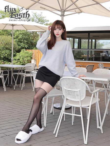 This is a high-definition image that belongs to a modern and minimalist style. In the picture, there is a woman wearing a grey long-sleeved top and a black mini skirt, paired with black stockings and white furry slippers. Her hair is brown and falls over her shoulders. She places her right hand on the back of the chair, her left hand gently caressing her hair, and her body slightly tilts to the left. The background is an outdoor leisure area with white awnings, tables and chairs, and some green plants. In the distance, there is a building with the word "Tree Hollow" written on it.
There is a prominent artistic font above the picture, which reads' fluxEast 'in English