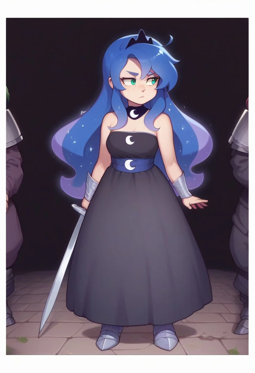 score_9, score_8_up, score_7_up, score_6_up, (humanized, human), 1girl,, (princess luna), blue hair, , long hair, ((freckles)), anatomically correct, medium breasts, dark background, photo_realistic:1.5, fully clothed, high resolution, ,serious face, lidded eyes, outside, on a hill, night time, soft glow, moonlit scene, big eyes, elegant dress, blue and black dress, armored dress, looking away, standing, armored boots, holding a sword, full body, front view, exposed shoulders, detailed dress, freckles on shoulders,