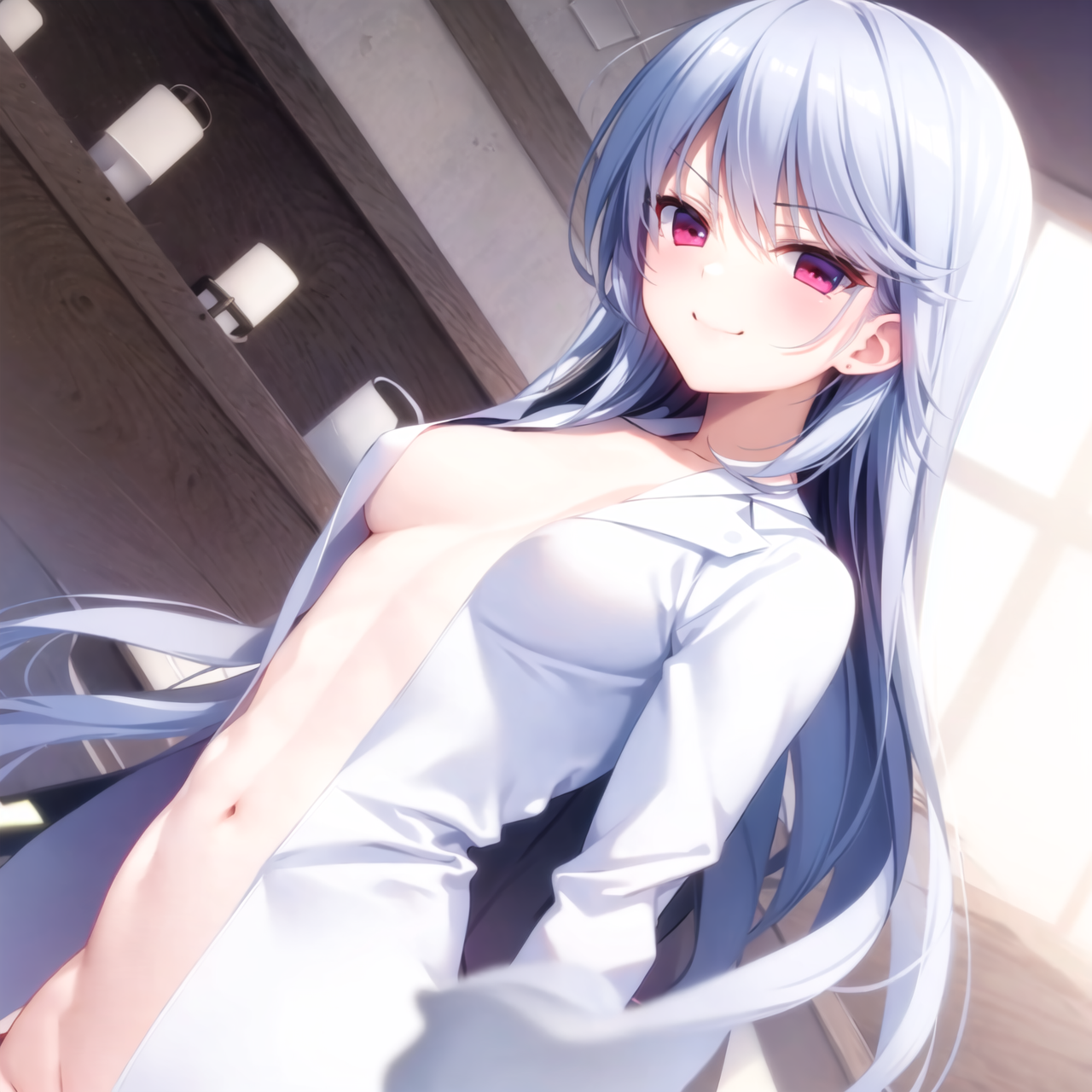 masterpiece, best quality, kazami kazuki, silver hair, 1 girl, solo, standing, long hair, purple eyes, indoors, lab coat, front view, nude, smile, smug, smug smile