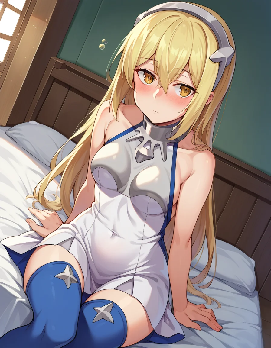 score_9, score_8_up, score_7_up, source_anime,
aizwallenstein, <lora:aiz-wallenstein-ponyxl-lora-nochekaiser:1>,
aiz wallenstein, blonde hair, hair between eyes, hairband, long hair, yellow eyes, sidelocks,
blue thighhighs, covered navel, dress, multicolored clothes, multicolored dress, taut clothes, taut dress, thighhighs,
indoors, bed, bed room, on side, blush, drunk,
looking at viewer, dutch angle, cowboy shot,