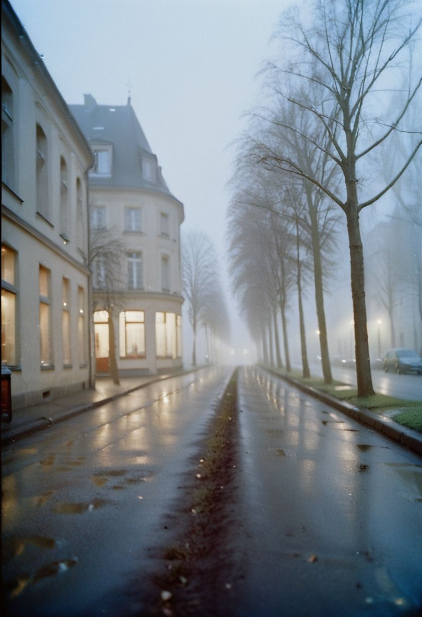 c41_hasselblad_portra400, instagram photo, a dark and foggy street somewhere in europe, hard shadows, film grain