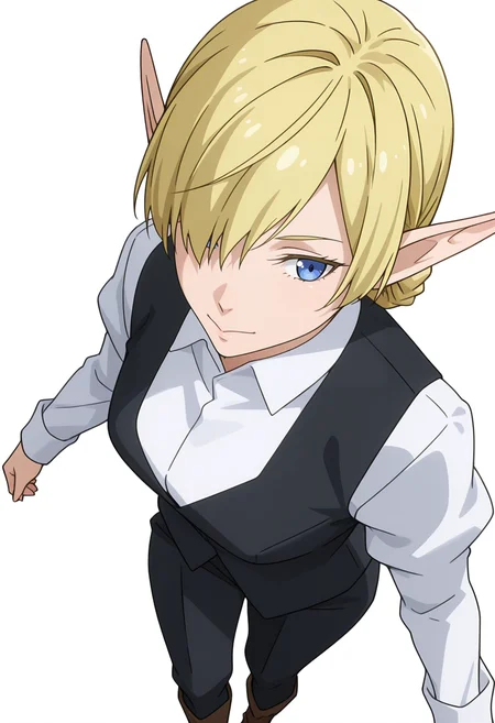 Smooth Quality,masterpiece,very intricate, high quality details, ultra realistic, high detailed skin,detailed enviorement,absurdres,
simple background, white background,
from above,dancing,
:>,solo,
<lora:Kagali_cnn:0.8> 1girl, short hair, blonde hair, blue eyes, pointy ears, braid, hair over one eye, elf,suit, white shirt, formal, long sleeves, pants, boots,