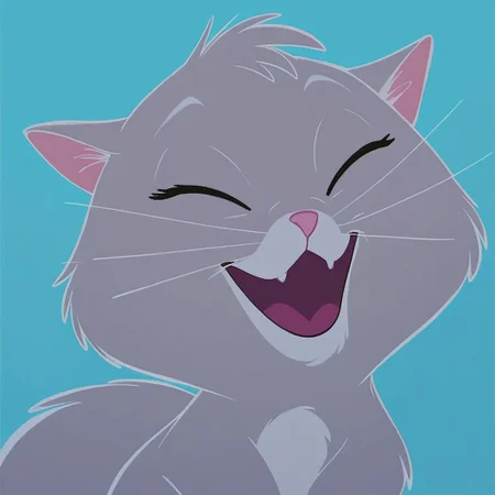 score_9, score_8_up, score_7_up, Expressiveh, masterpiece, best quality, highly detailed, realistic, zPDXL3, 1girl, solo, (CatYzma, furry, feral, feline, female cat, grey body, grey fur, dark-purple eyes, pink nose, whiskers, fluffy tail), smile open mouth, laughing, eyes closed, ((((blue background, simple background))))