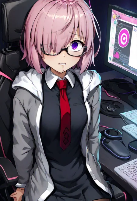 score_9, 4k,  highly detailed, anime style, Mash being brainwashed by a computer,
hypnosis, blank eyes, mind control, slack expression, computer screen, hypnotic screen saver, gaping at screen, wide eyes, drooling, chair, slumped in chair, looking at computer, arms slack, leaning back, solo,
purple eyes, pink hair, short hair, hair over one eye
Mash_Def, glasses, short dress, black dress, black skirt, necktie, red necktie, wing collar, jacket, open jacket, hooded jacket, grey jacket, hood down, black pantyhose