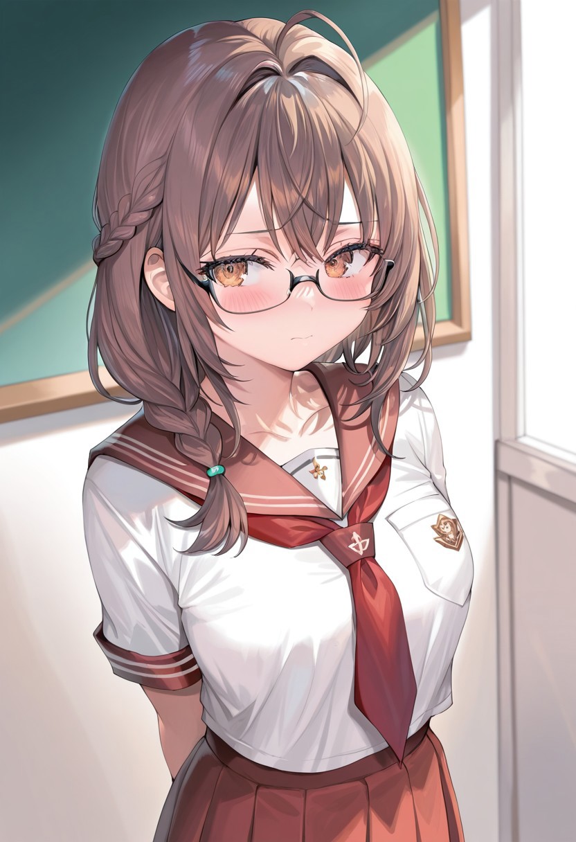 masterwork, perfect quality , amazing quality, absurdres, newest, hyper detailed, detailed, masterpiece, highly detailed, best quality, absolutely eye-catching, 1girl, medium_breasts ,brown_eyes brown_hair, long_hair, closed_mouth, arms_behind_back, black-framed_eyewear, blush ,braid, breast_pocket, glasses,over-rim_eyewear, pocket, red_sailor_collar, red_skirt, sailor_collar, school_uniform, semi-rimless_eyewear, serafuku, single_braid, skirt, solo, standing, (momoko_(momopoco):1)