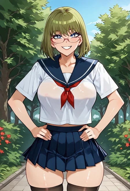 score_9, score_8_up, score_7_up, ASCII masterpiece, source_anime, BREAK, 1girl, solo,  (( <lora:yasuko:1> , yasuko, thin waist, wide hips, beautiful skin, beautiful moss green hair, medium bob haircut, bangs, clear eyes, piercing blue eyes, bright pupils, beautiful eyes, huge and shaggy breast, beauty, extraordinary beautiful woman , attractive woman , super sexy woman , lustful body, sexy woman with seductive obscene body, sensual body, voluptuous body, )) , ((glasses, school uniform, red pleated skirt, short-sleeve sailor collar shirt with tie, thighhighs, )) , looking at viewer, uncensored, sexy pose, beautiful smile, outdoor, park, looking at viewer, horny, seductive, hands on hips, cowboy shot, front view,