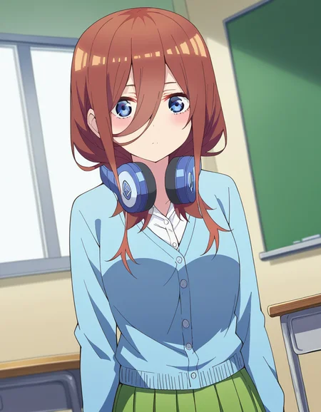 score_9, score_8_up, score_7_up, source_anime,
mikunakano, <lora:miku-nakano-s2-ponyxl-lora-nochekaiser:1>,
miku nakano, long hair, bangs, blue eyes, brown hair, shirt, hair between eyes, headphones, cardigan, headphones around neck,
skirt, shirt, long sleeves, white shirt, pantyhose, pleated skirt, black pantyhose, cardigan, green skirt, blue cardigan,
indoors, classroom,
looking at viewer, cowboy shot, dutch angle, solo,