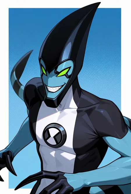 <lora:xlr8-10:1> xlr8, blue skin, green eyes, 1boy, stripped tail, green sclera, pokemon (creature), alien, black chin,  simple background, smile teeth, sharp teeth, blue background, pose, white borders, masterpiece, best quality, amazing quality, very aesthetic, absurdres, newest,, upper body, halftone effect, white borders, abstract background:1.2,