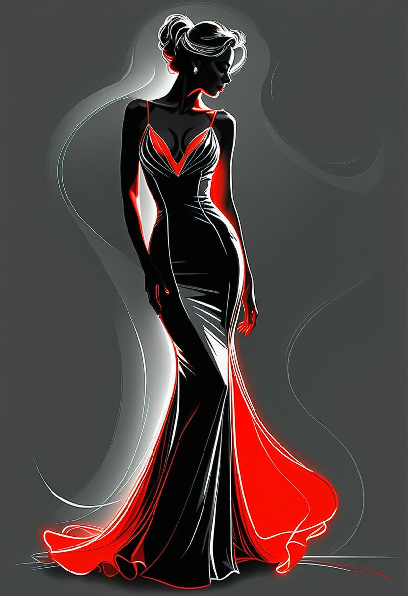 Pencil Sketch Drawing, line art drawing , a elegant beautiful woman, wearing tango dress,  (her silhouette outlined with glowing red). (style of Vladimir Volegov:1.1). (her silhouette contoured with glowing red). red white on grey color palette. professional, sleek, modern, minimalist, graphic, line art, vector graphics, black and white drawing, graphite drawing