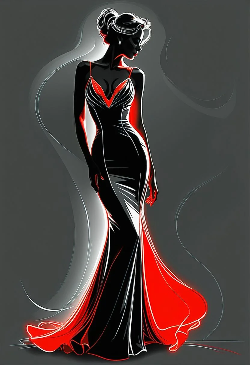 Pencil Sketch Drawing, line art drawing , a elegant beautiful woman, wearing tango dress, (her silhouette outlined with glowing red). (style of Vladimir Volegov:1.1). (her silhouette contoured with glowing red). red white on grey color palette. professional, sleek, modern, minimalist, graphic, line art, vector graphics, black and white drawing, graphite drawing
