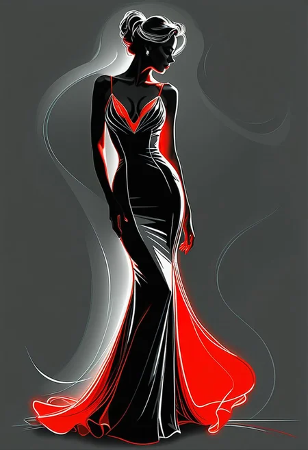 Pencil Sketch Drawing, line art drawing , a elegant beautiful woman, wearing tango dress, (her silhouette outlined with glowing red). (style of Vladimir Volegov:1.1). (her silhouette contoured with glowing red). red white on grey color palette. professional, sleek, modern, minimalist, graphic, line art, vector graphics, black and white drawing, graphite drawing
