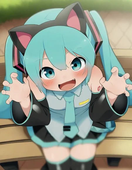 1girl sitting on a park bench, smile, open mouth, fake cat ears,( hatsune miku:0.7), detached sleeves, open mouth, rawr pose, fang, (depth of field:0.8), leaning forward, open hands, 
,,,,,,,,,,,,,,,,,,,,,,,,,,,,,,,,,,,,,,,,,,,,,,,,,,,,,,,,,,,,,,,,,,,,,,,,,,,,,,,,,,,,,,,,,,,,,,,,,,,,,,,,,,,,,,,,,,,,,,,
 <lora:dagasi_style_illustrious01_v1-000037:1>