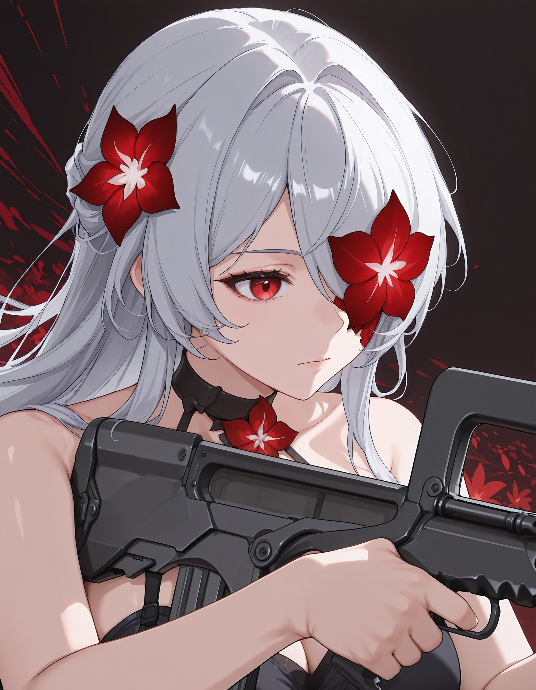 1girl, <lora:famas_ill_v1.0:1> famas, assault rifle, bullpup, holding rifle, aiming, <lora:redacheron_v1_IL:0.8> 1girl, redacheron, long hair, red eyes, one eye covered, flower over eye, upper body, abstract background,bare shoulders, red flower, hair flower