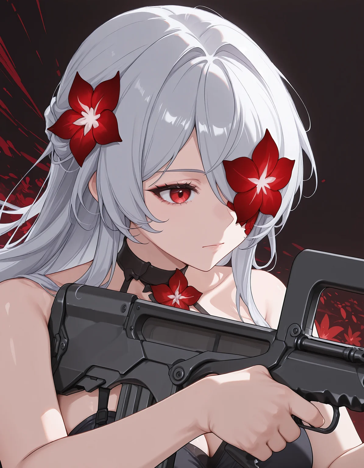 1girl, <lora:famas_ill_v1.0:1> famas, assault rifle, bullpup, holding rifle, aiming, <lora:redacheron_v1_IL:0.8> 1girl, redacheron, long hair, red eyes, one eye covered, flower over eye, upper body, abstract background,bare shoulders, red flower, hair flower