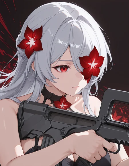 1girl, <lora:famas_ill_v1.0:1> famas, assault rifle, bullpup, holding rifle, aiming, <lora:redacheron_v1_IL:0.8> 1girl, redacheron, long hair, red eyes, one eye covered, flower over eye, upper body, abstract background,bare shoulders, red flower, hair flower