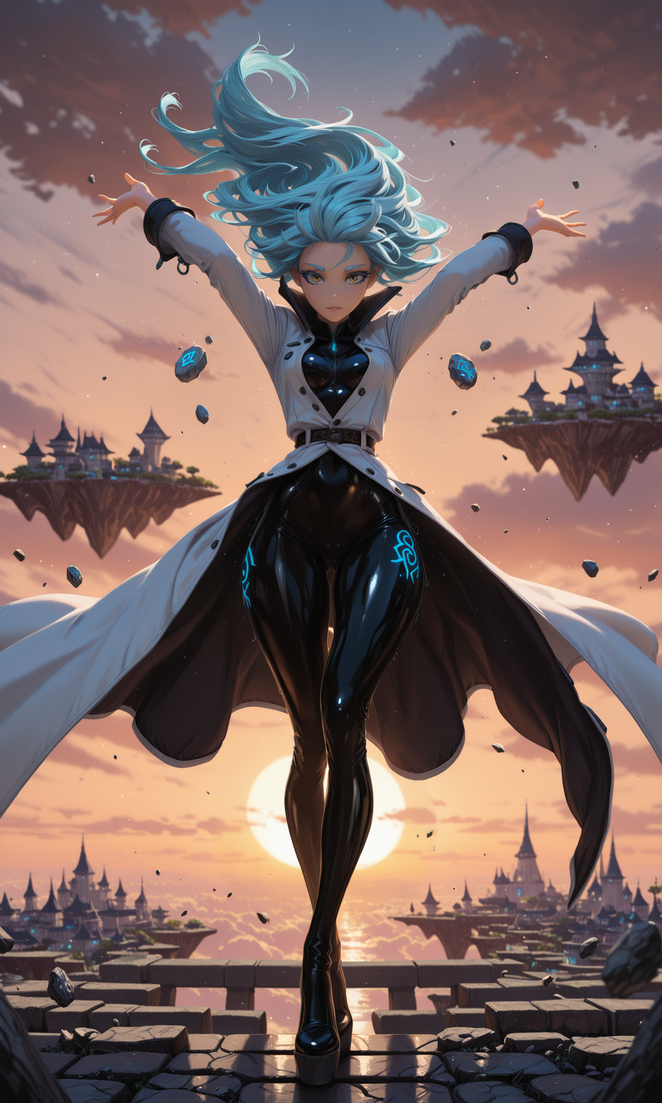 masterpiece, best quality, amazing quality, klskx, (nsfw, explicit:1.0), 1girl, light blue hair, long hair, windblown hair, yellow eyes, light blue eyebrows, thick eyelashes, looking at viewer, slender body, smooth skin, long coat, high collar, unbuttoned, latex, tight bodysuit underneath, thigh-high boots, wind pushing coat back, arms up, open hands in air, outdoors, standing, floating city, floating island, (floating above clouds:0.9), distant storm clouds, golden sunset, dynamic pose, (ancient stone platform:1.2), crumbling edges, scattered debris, glowing runes on surface, (dark shadows:0.9), (high contrast:0.9), volumetric lighting, intricate details, blurry background, depth of field <lora:spo_sdxl_10ep_4k-data_lora_webui:1.0> <lora:illustriousXL_stabilizer_v1.23:1.0> <lora:illustrious_quality_modifiers_masterpieces_v1:0.6> <lora:klskx_wai:0.7000000000000001>