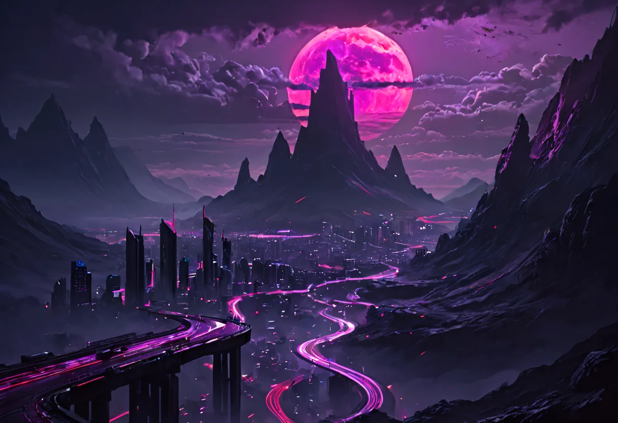 RAW photo, high quality photo from a height,photo from high altitude of a huge <lora:skyline:0.1> sky,, <lora:Dark_Aura_XL_-_Filled_with_miasma:0.6> dark aura,<lora:Neon_Scene:1.0> neonscene, <lora:sdxl_cyberpunk:0.3> cyberpunk style vast city with purple haze,<lora:D_Ewir3s SDXL lora:0.5> D_Ewir3s,road network,big dark moon, in <lora:csm-artstyle:0.0> csm art-style, featuring grey and red,<lora:PAseer-SDXL-majesticmountain:0.5> mountain landscape