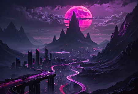 RAW photo, high quality photo from a height,photo from high altitude of a huge <lora:skyline:0.1> sky,, <lora:Dark_Aura_XL_-_Filled_with_miasma:0.6> dark aura,<lora:Neon_Scene:1.0> neonscene, <lora:sdxl_cyberpunk:0.3> cyberpunk style vast city with purple haze,<lora:D_Ewir3s SDXL lora:0.5> D_Ewir3s,road network,big dark moon, in <lora:csm-artstyle:0.0> csm art-style, featuring grey and red,<lora:PAseer-SDXL-majesticmountain:0.5> mountain landscape