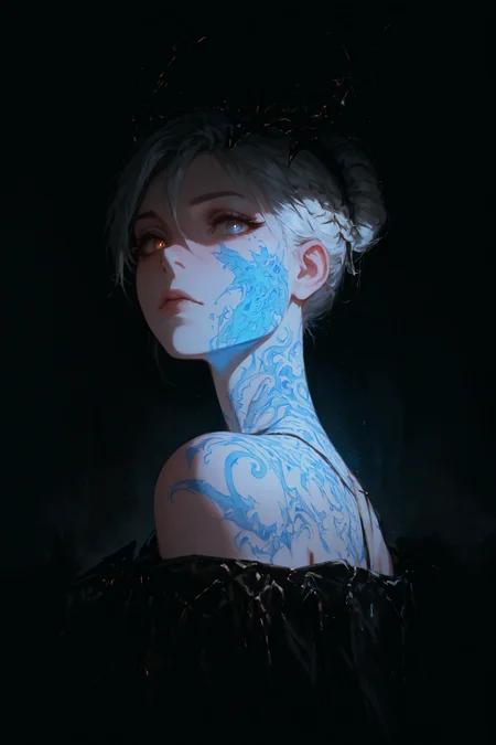 masterpiece, best quality, newest, absurdres,
Portrait, an alabaster Valkyrie with bioluminescent tattoos of bio ink, split diopter, over-the-shoulder shot, BREAK Rembrandt lighting, <lora:ponyv4_noob1_2_adamW-000017:0.7000000000000001> <lora:USNR_STYLE_XL_lokr:0.5> <lora:EtherSDXL:0.3>
