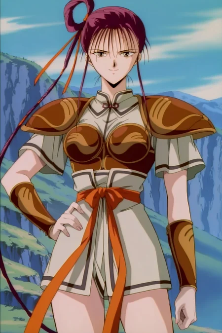 anime screencap, anime coloring, detailed face, masterpiece, best quality, absurdres, official style, amazing quality highres, amazing quality, scenery, beautiful detailed hair, beautiful detailed eyes, defined fingers, five fingers,
anime coloring, anime screencap, detailed face,
 <lora:Soi_Fushigi_Yuugi:1>
retro artstyle,1990s (style), 
Soi battle outfit, Soi (character), 1girl, solo, hand on own hip, long hair, hair rings, armor, breastplate, ribbon, looking at viewer, brown eyes, magenta hair, smile, cowboys shot,
outdoors, landscape