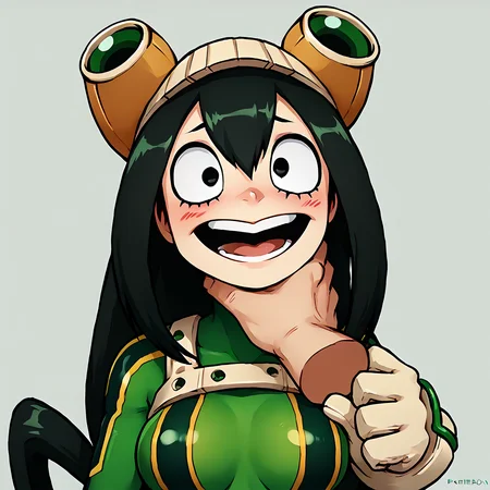 score_9, score_8_up, score_7_up,
<lora:lozhkin_pony:0.3> lozhkin, open mouth, big smile, accurate teeth with gaps, smile, blush,
neck_grab, throat_grab, <lora:neck_grab_pony:0.9:0.9>
asui tsuyu, black eyes, black hair, bodysuit, boku no hero academia, breasts, frog girl, gloves, goggles, green bodysuit, long hair, <lora:asui_tsuyu_pony:0.8>
<lora:PDXL_artist_tags_v2_big:1>