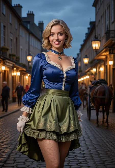 (medium full shot) of (ravishing harlot) young woman, french, tan skin, olive green eyes, curvy build, medium blonde inverted bob hair, wearing a blue ruffled shirt, brocade skirt, fishnet stockings, embroidered heels, jeweled ring, rosy cheeks, silk gloves, set in the 18th century, in cobblestone street, dimly lit by flickering lanterns, shadowy figures moving in the night, horse-drawn carriages passing by, the sound of distant laughter and chatter, during twilight, woman smiling, Masterpiece,best quality, photo, realistic, very aesthetic, detailed face,