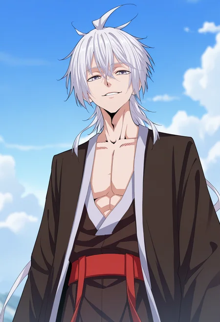 masterpiece, best quality, amazing quality,high resolution,intricate details,official style,depth of field,anime screencap , , , 1boy, solo, male focus,<lora:zhou_yi-fan:0.87>,zhuo-yi fan,white hair,hair tails,looking at viewer, smile, hair between eyes,light purple eyes, collarbone, upper body, parted lips, sky, cloud,upper body,open clothes,long sleeves,black coat,chinese hanfu,red waistband