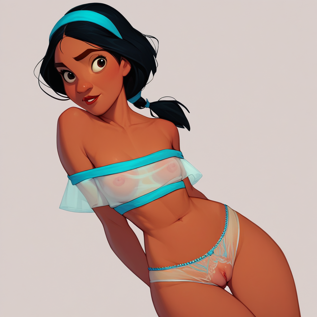 S33THR0UGHP4NT1ES,  ((score_9)),score_8_up,score_7_up,score_6_up,score_5_up,score_4_up, source_disney, Jasmine, dark skin, bandeau, black hair, low ponytail, off-shoulder top, headband, aqua, 1woman, lingerie, see-through panties, see-through_panties, transparent_panties, sheer_panties, see-through, uncensored, partially_visible_vulva, pussy