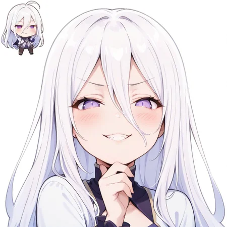 masterpiece, best quality, high resolution, absurdres, 1girl, purple eyes ,white hair , long_hair, ahoge,hair between eyes, parted bangs,chibi, looking at viewer, smug, teasing,scoffhand on chin, teeth, centered, aroused, blush, upper body, transparent background, very smug smile, best quality, highres, absurdres, amazing quality, masterpiece,
Sticker,solid stroke,