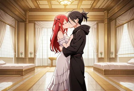 masterpiece, best quality, newest, absurdres, highres, detailed eyes, beautiful, detailed background, perfect eyes, anime coloring, anime screencap,
1girl, 1boy, hetero, facing another, kiss,standing, closed eyes,
indoors,
<lora:Theresia_van_Astrea_r1:1>Theresia_van_Astrea,
hair ornament,
long hair,white dress,
red hair,dress,flower,
hair flower,two side up,
t_theresia,red hair,
white dress,
black hair,
short ponytail,
serious male, black dress,
black hood down, palace indoors, large room, bedroom, bathhouse, bed with curtains, large pool, hot water, steam, bed curtains, taking off clothes, tile floor, bath mats, towels, inflatable massage sheet, canopy bed, pillows, blanket, water, pool in center, stripping down, medium breasts, cleavage