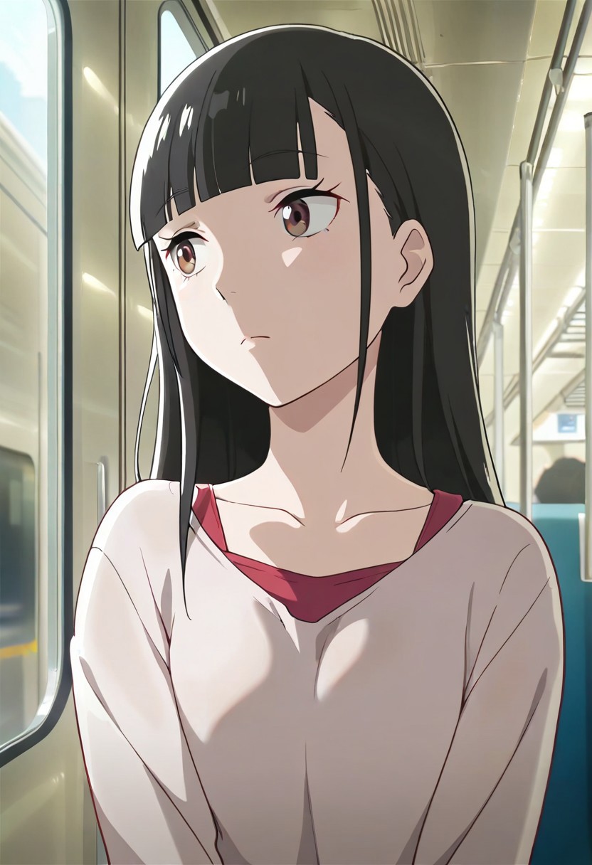 masterpiece,best quality,amazing quality, kobuchizawa shirase, long hair, black hair, reddish-brown eyes, 1girl, solo, train interior, upper body, blunt bangs, closed mouth, shirt, collarbone, looking to the side, indoors